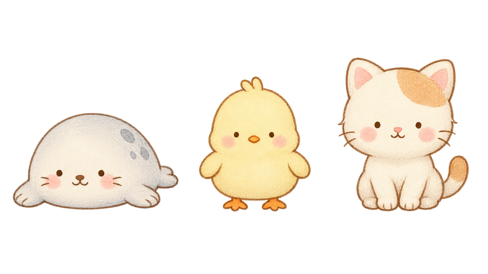 고양이, 병아리, 물범 캐릭터 가족